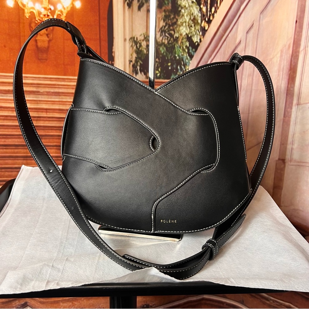 Polène Black Crossbody Shoulder Bag with White Stitching